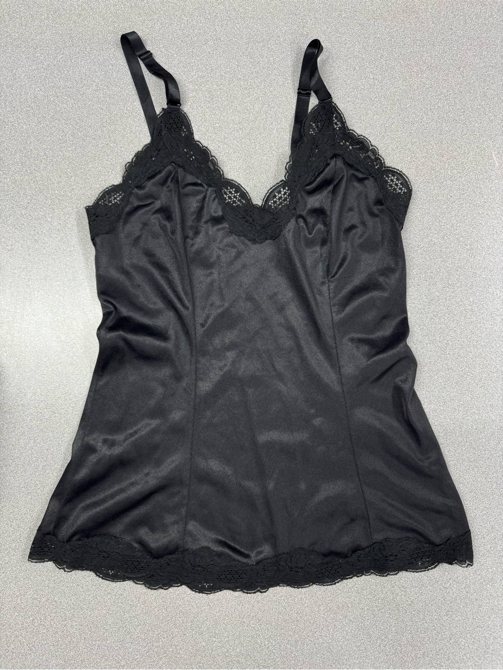 Vintage Hanna Black Satin Lace-Trim Slip Chemise